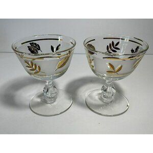 Vintage Set of 2 Libbey Starlyte Gold Leaf Frosted Sherbet Champagne Glasses MCM